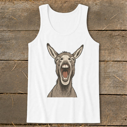 White tank top with a close-up illustration of a donkey's head with its mouth open.