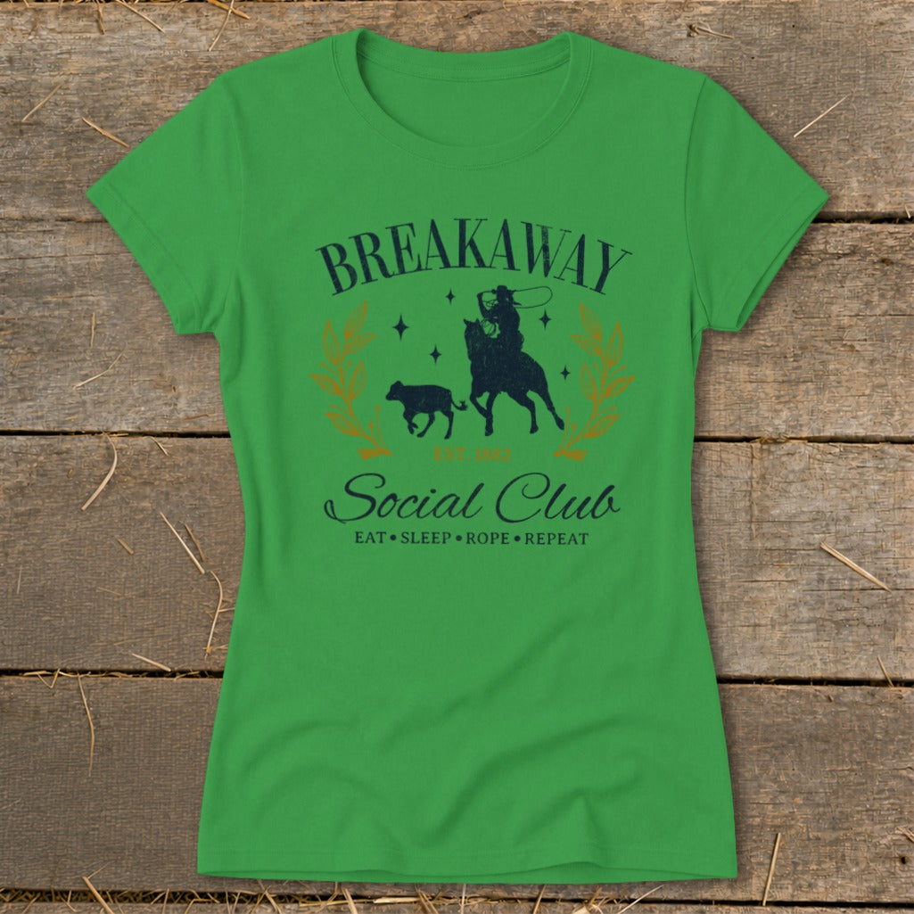 Green t-shirt with "Breakaway Social Club" design featuring a cowboy, calf, and lasso.