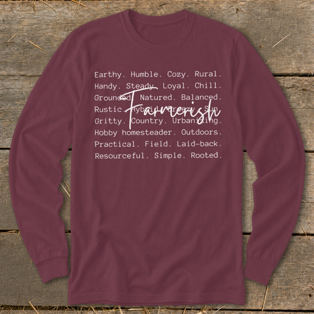 Maroon long-sleeve shirt with white text listing "Farmerish" attributes.