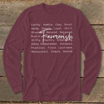Maroon long-sleeve shirt with white text listing "Farmerish" attributes.