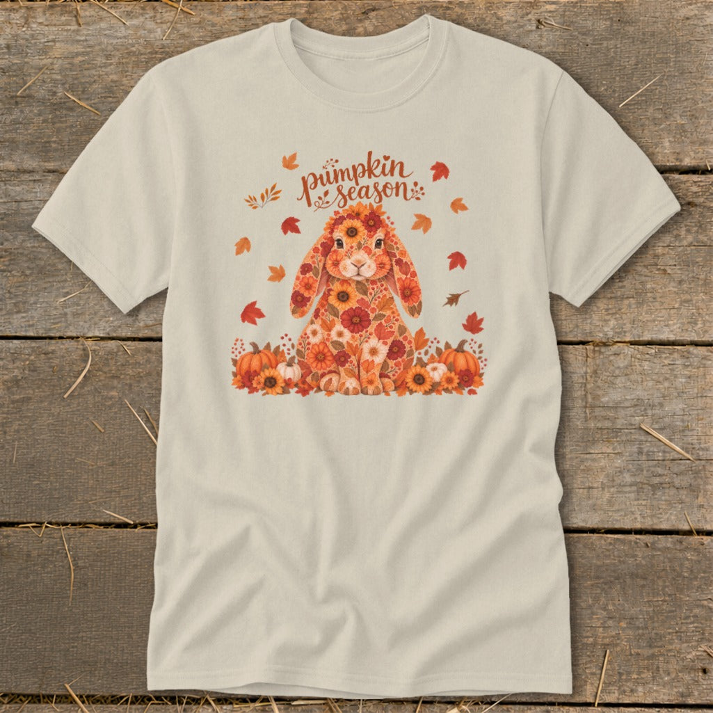 Floral bunny surrounded by pumpkins and autumn leaves with "pumpkin season" text.