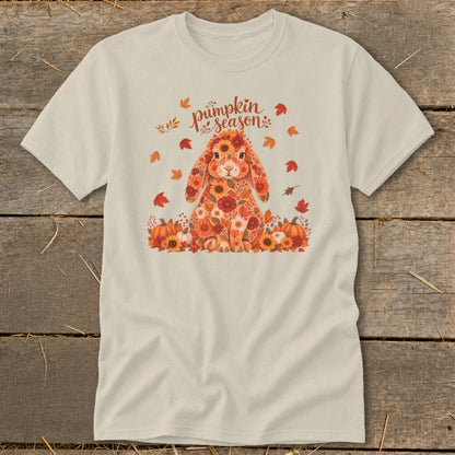 Floral bunny surrounded by pumpkins and autumn leaves with "pumpkin season" text.