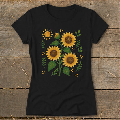 Black t-shirt with a graphic of sunflowers and a sun.