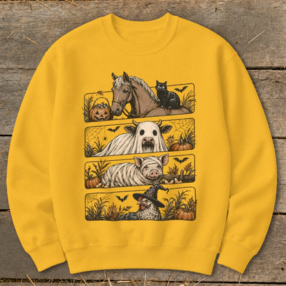 Halloween farm animals: horse with cat, cow ghost, pig mummy, chicken witch.