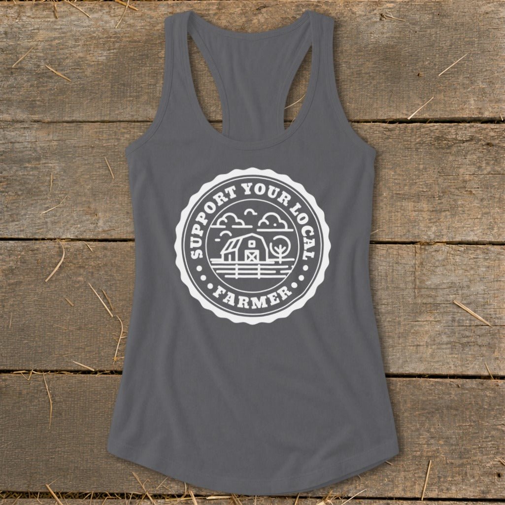 Grey tank top with "Support Your Local Farmer" text and barn graphic.