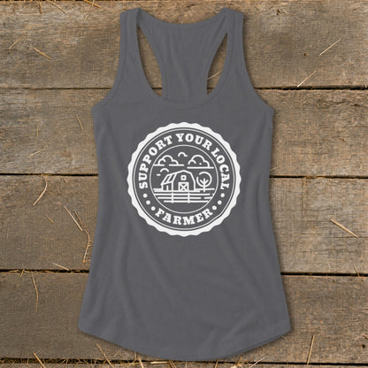 Grey tank top with "Support Your Local Farmer" text and barn graphic.