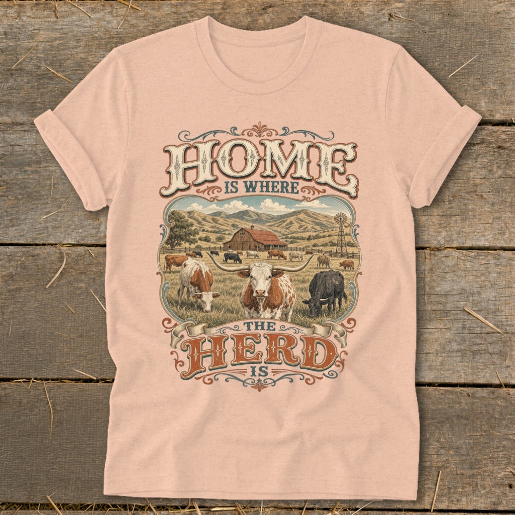 T-shirt graphic: "Home is where the herd is" with cattle and farm scene.