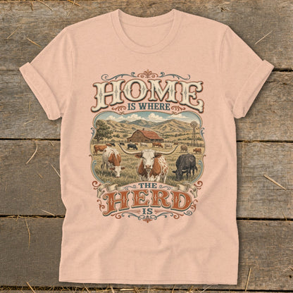 T-shirt graphic: "Home is where the herd is" with cattle and farm scene.