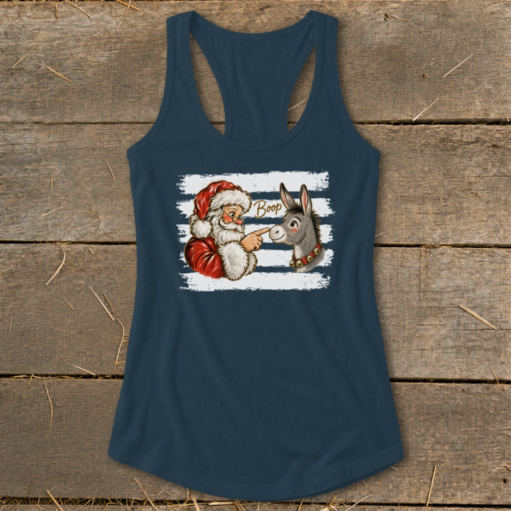Santa booping a donkey with "Boop" text on a navy blue tank top.