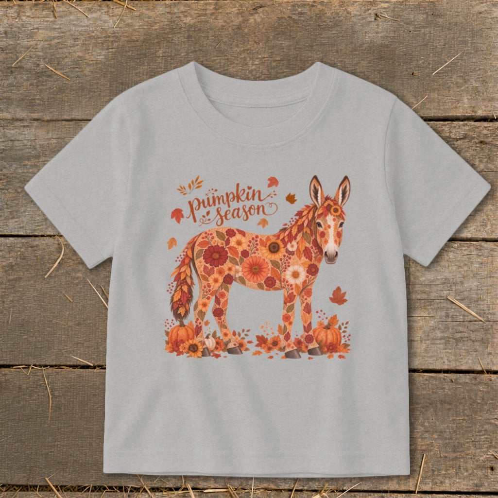 Light grey t-shirt with a donkey made of flowers and "Pumpkin Season" text.