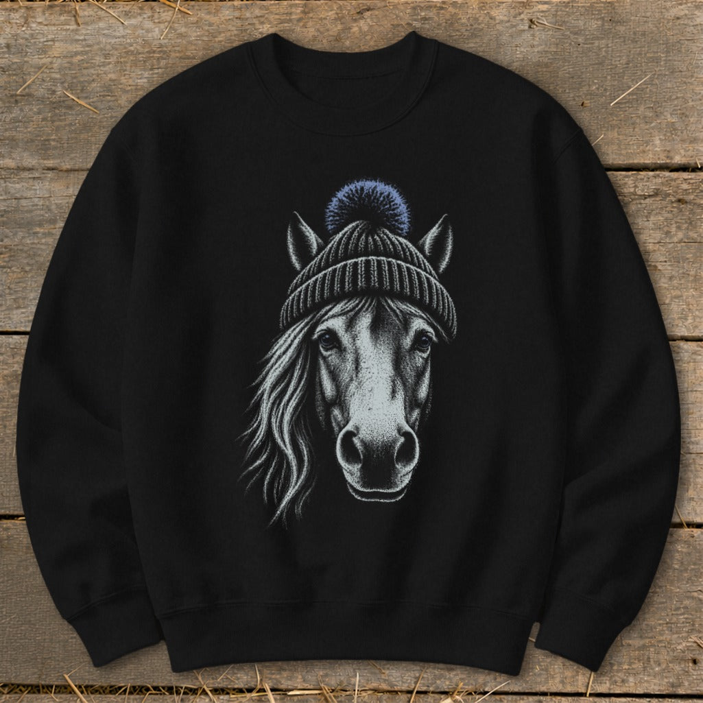 Black sweatshirt with a black and white sketch of a horse wearing a knitted hat.