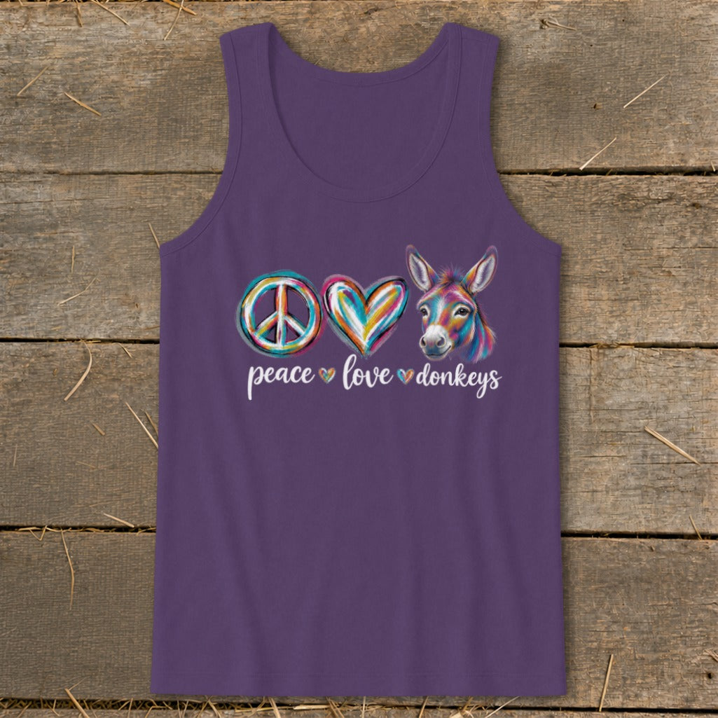 Purple tank top with "peace love donkeys" text and colorful graphics of peace sign, heart, and donkey.