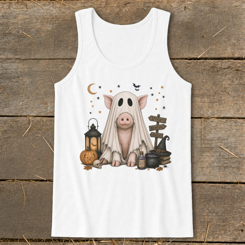 Pig in ghost costume with Halloween decorations including a pumpkin, lantern, and sign.