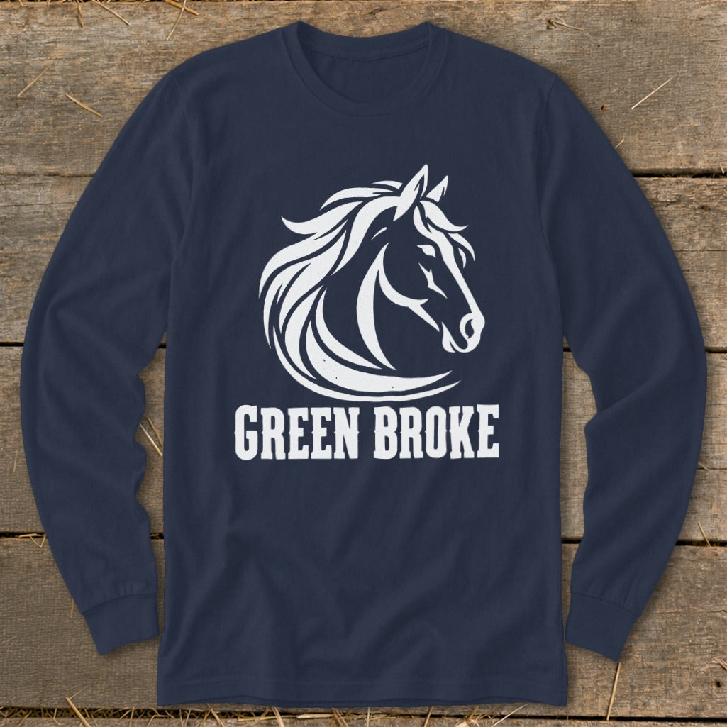 Dark blue long-sleeve t-shirt with a white horse head graphic and Green Broke text.