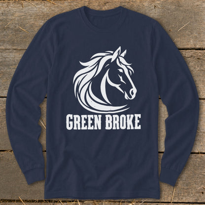 Dark blue long-sleeve t-shirt with a white horse head graphic and Green Broke text.
