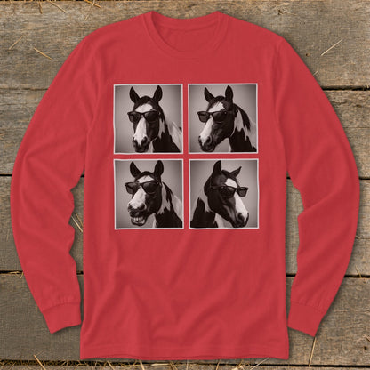 Four black and white portraits of a paint horse wearing sunglasses.