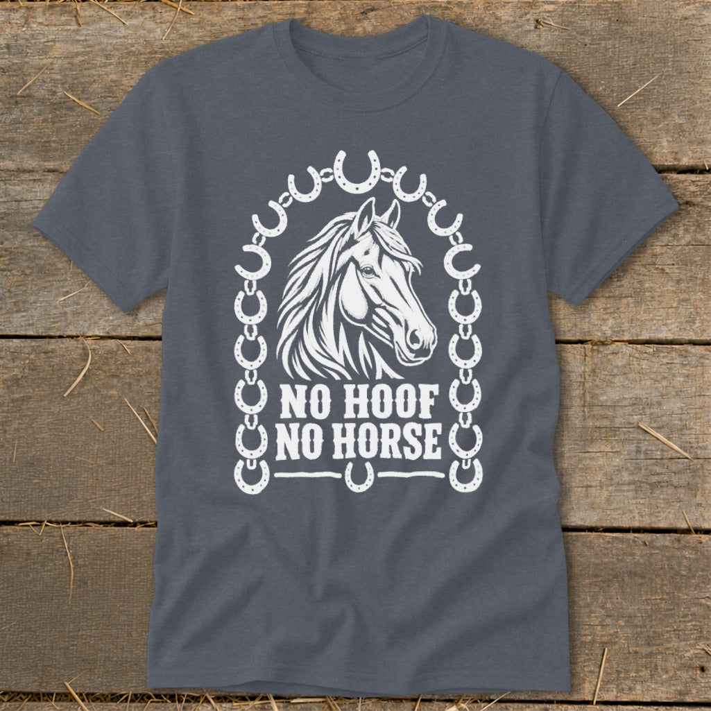 Dark grey t-shirt with white horse head graphic and "NO HOOF NO HORSE" text.