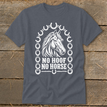 Dark grey t-shirt with white horse head graphic and "NO HOOF NO HORSE" text.