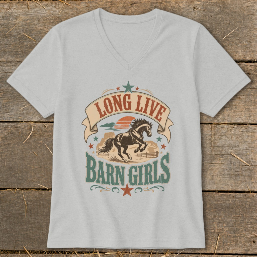Light grey v-neck t-shirt with "LONG LIVE BARN GIRLS" and a running horse graphic.