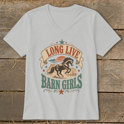 Light grey v-neck t-shirt with "LONG LIVE BARN GIRLS" and a running horse graphic.