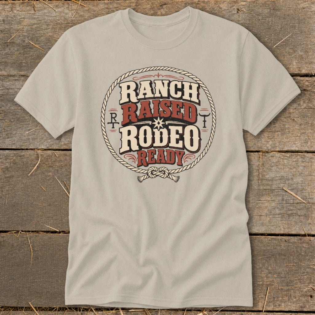 T-shirt with "Ranch Raised Rodeo Ready" text in a rope circle design.