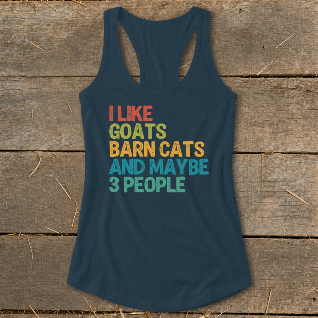 Navy tank top with text "I LIKE GOATS BARN CATS AND MAYBE 3 PEOPLE."