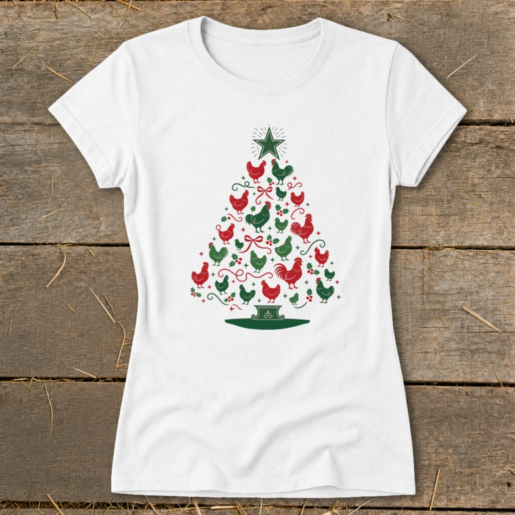 White t-shirt with a Christmas tree design made of red and green chickens.