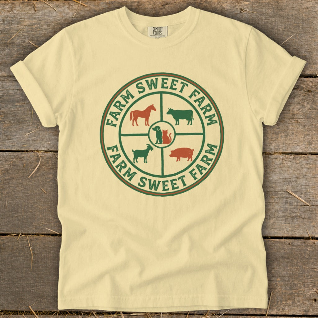 Cream t-shirt with circular farm animal graphic and "Farm Sweet Farm" text.