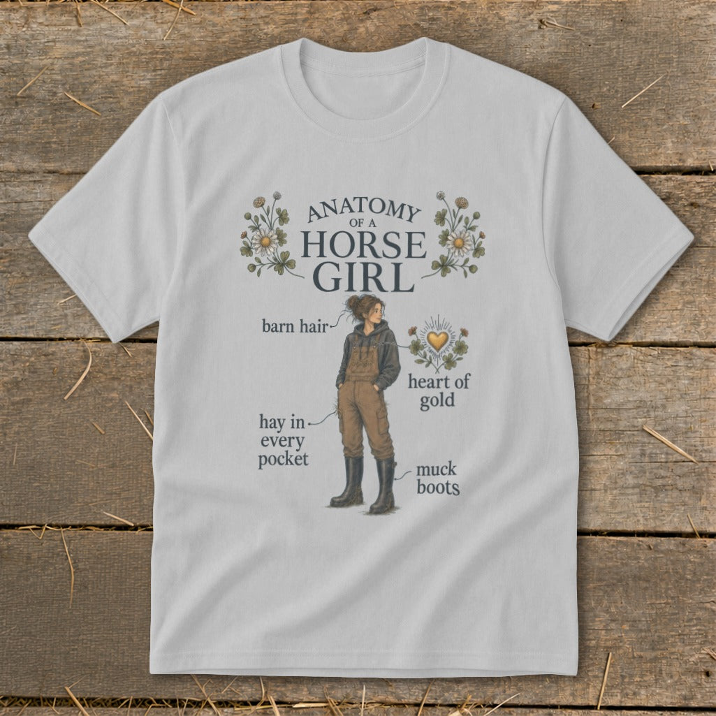 T-shirt graphic: "Anatomy of a Horse Girl" with illustration and labels.