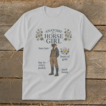 T-shirt graphic: "Anatomy of a Horse Girl" with illustration and labels.