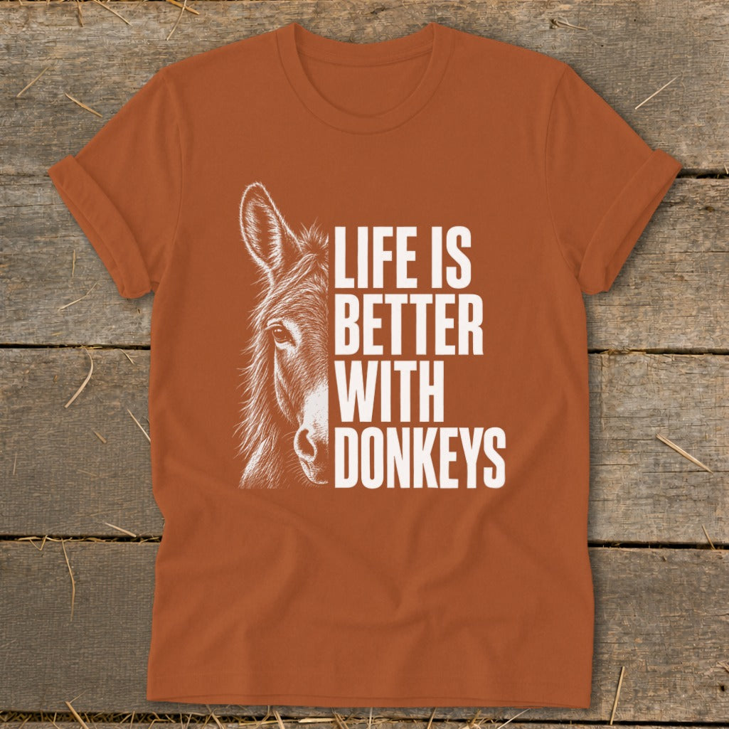 Orange t-shirt with white donkey graphic and text "Life Is Better With Donkeys".