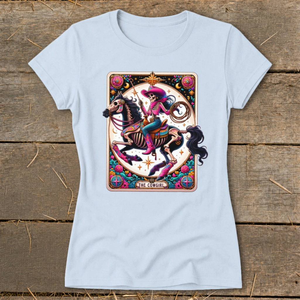 Skeleton cowgirl on a horse, with lasso, wearing a pink hat and boots.