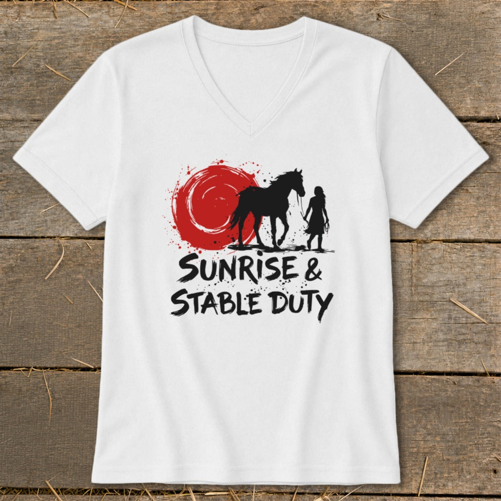 White v-neck shirt with black graphic of horse, person, and red sun, text "SUNRISE & STABLE DUTY".