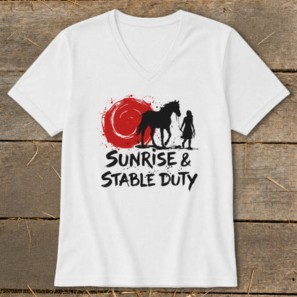 White v-neck shirt with black graphic of horse, person, and red sun, text "SUNRISE & STABLE DUTY".