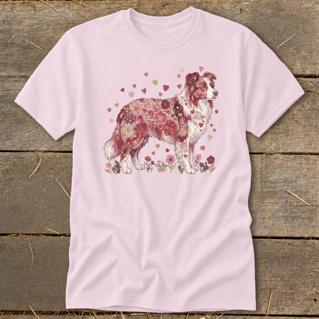 Pink t-shirt with a Border Collie illustration adorned with flowers and hearts.
