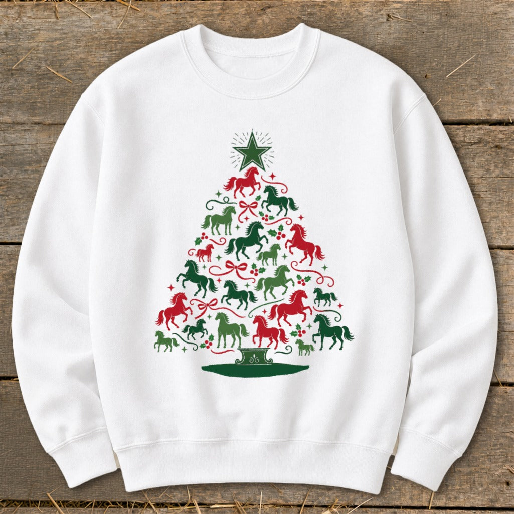 White sweatshirt with a Christmas tree made of red and green horses.