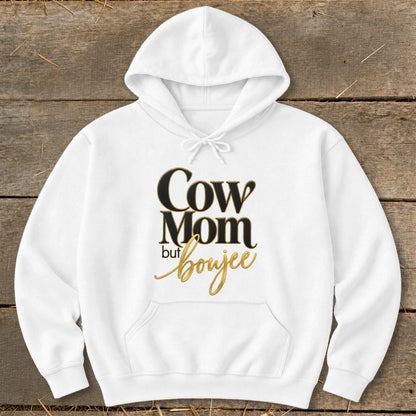 White hoodie with "Cow Mom but boujee" text design.