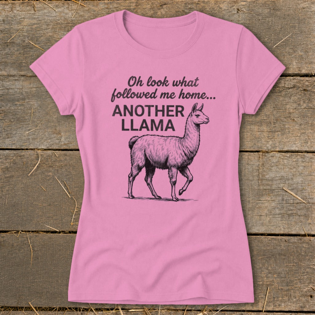 Pink t-shirt with text "Oh look what followed me home... ANOTHER LLAMA" and llama graphic.
