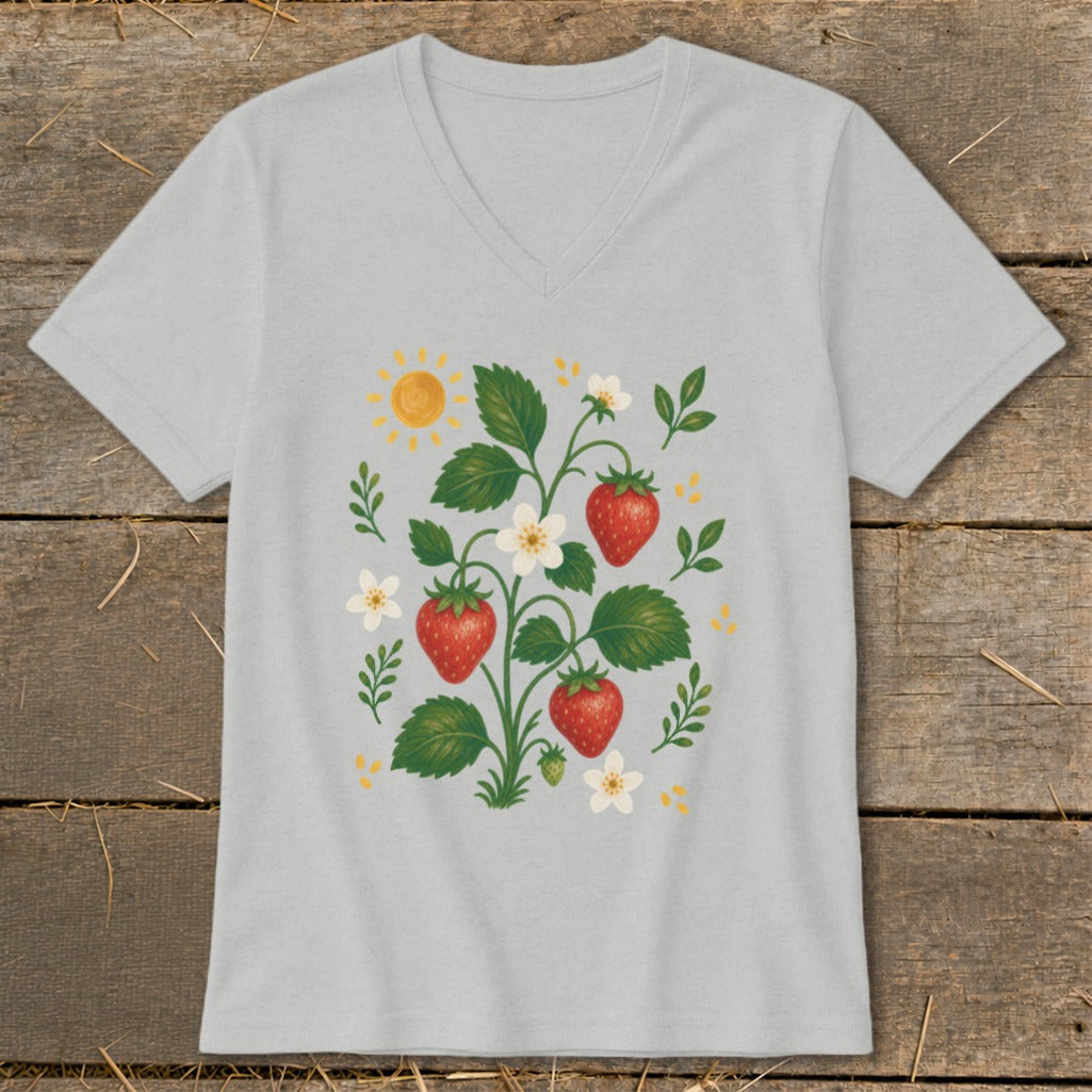 Light gray v-neck t-shirt with a strawberry plant illustration and sun graphic.