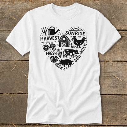 White t-shirt with a black heart design featuring farm animals and text.