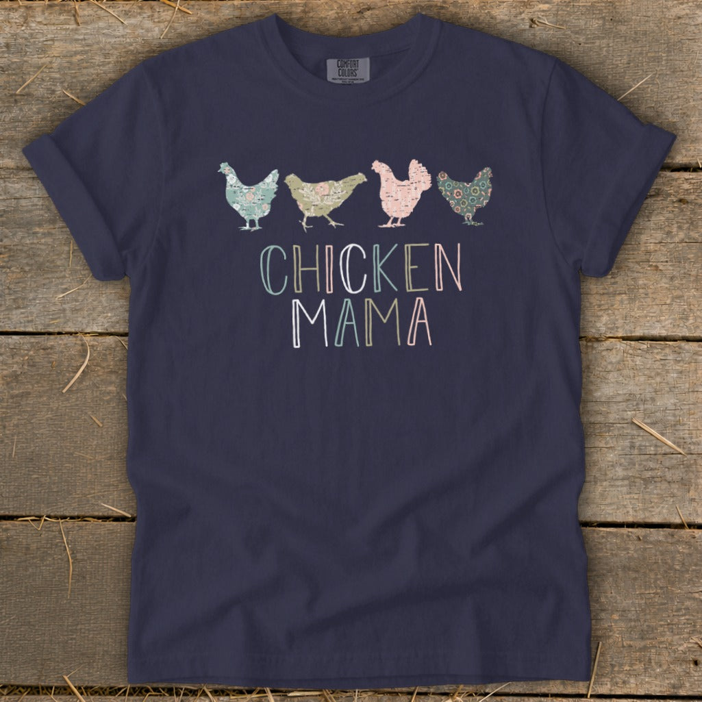 Navy t-shirt with four floral chickens above "CHICKEN MAMA" text.