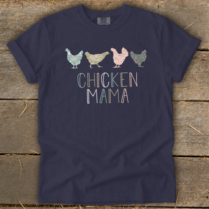 Navy t-shirt with four floral chickens above "CHICKEN MAMA" text.