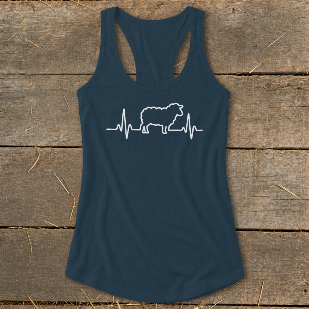 A dark blue racerback tank top featuring a white sheep silhouette integrated into a heartbeat line.