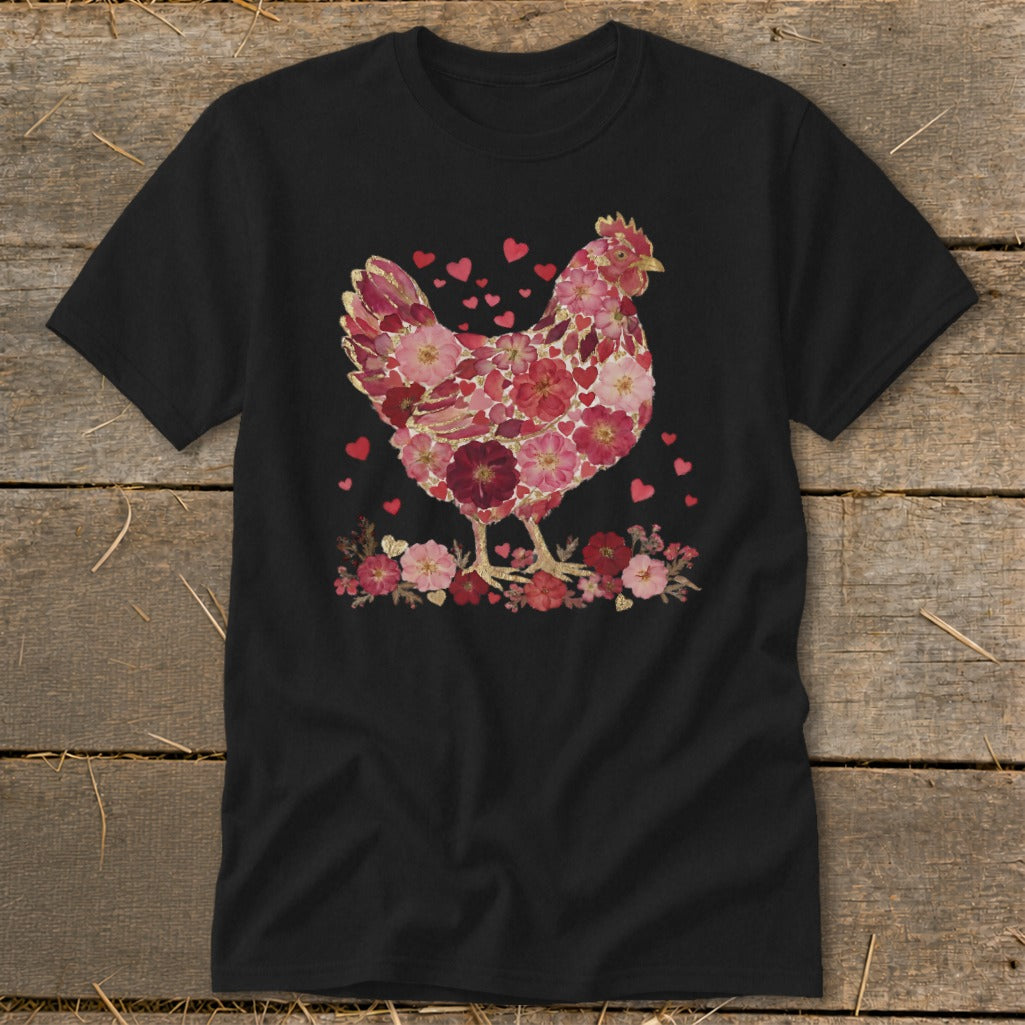 Black t-shirt with a floral chicken design and scattered hearts.