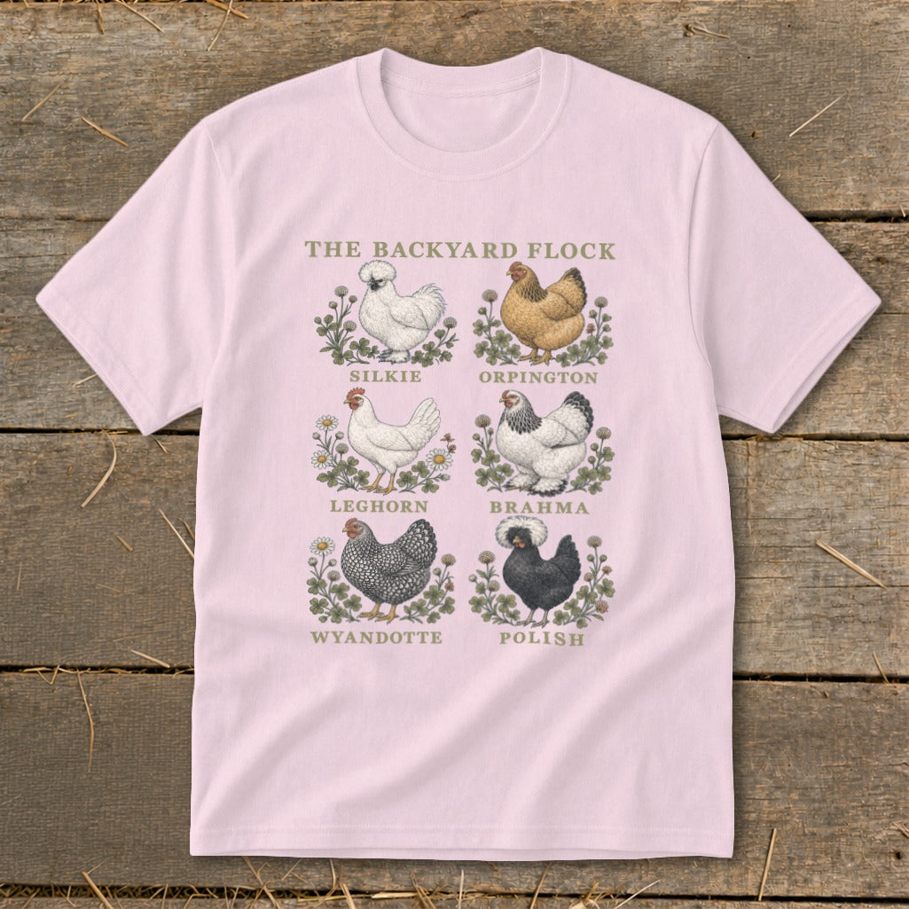 Pink t-shirt with six illustrations of different chicken breeds and "The Backyard Flock" text.