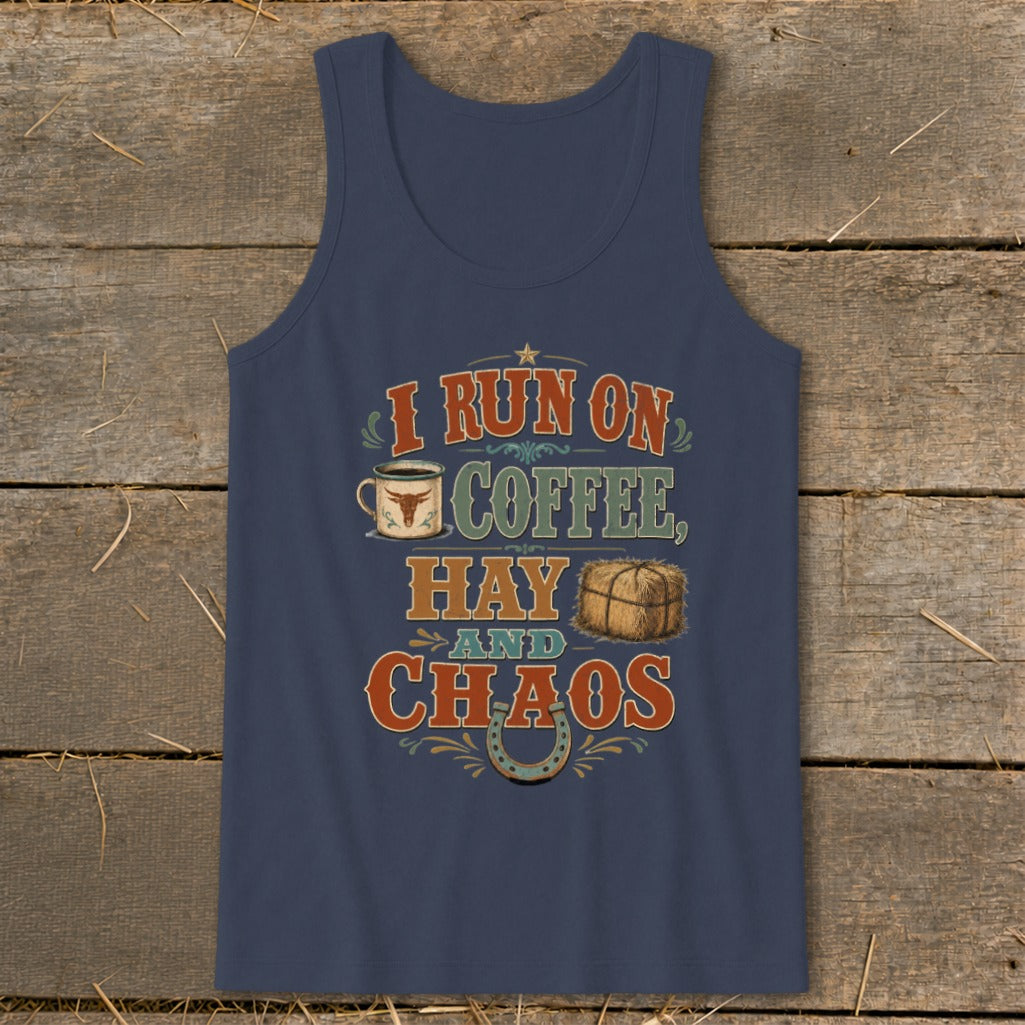 Dark blue tank top with "I Run On Coffee, Hay And Chaos" graphic and illustrations.