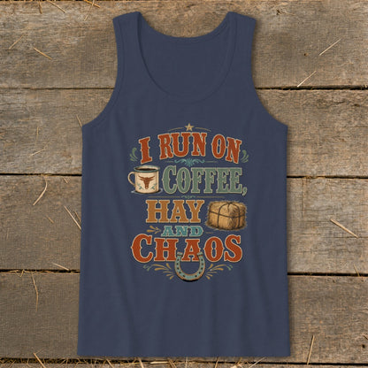 Dark blue tank top with "I Run On Coffee, Hay And Chaos" graphic and illustrations.