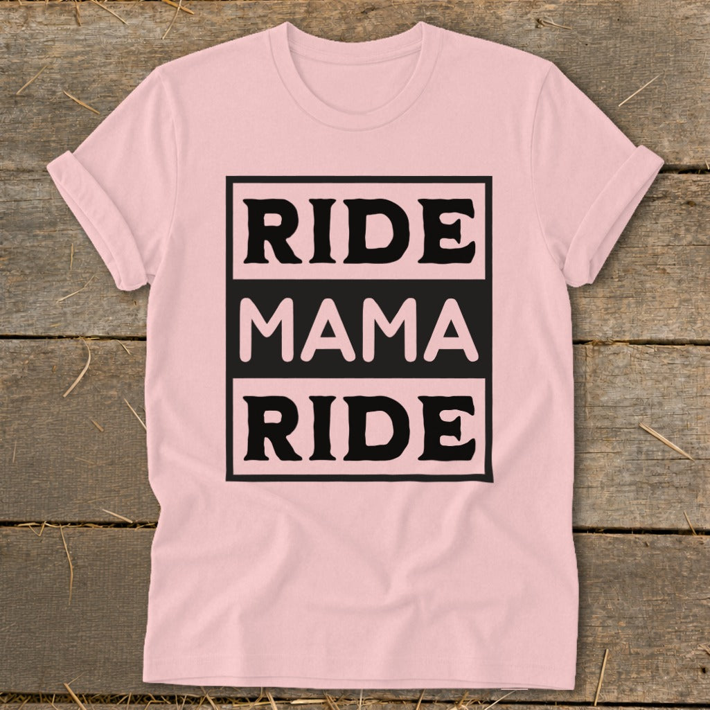 Pink t-shirt with black text boxes reading "RIDE MAMA RIDE".