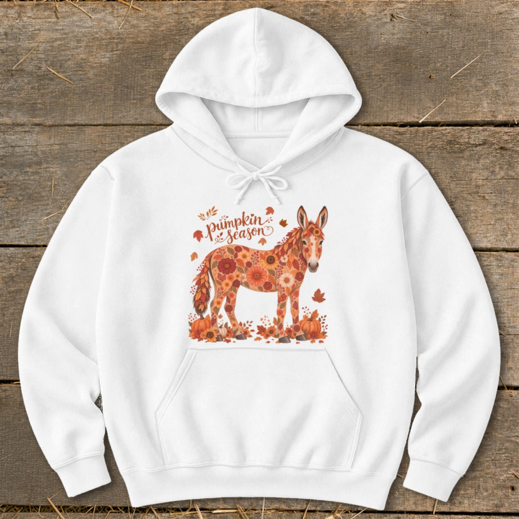 White hoodie with a donkey illustration made of autumn flowers and pumpkins.