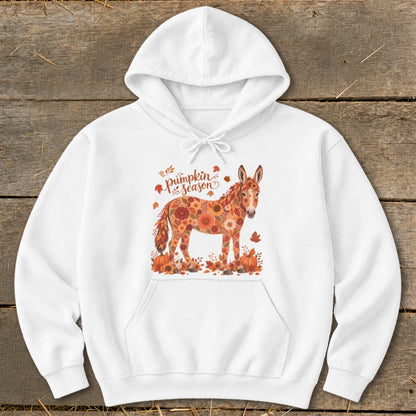 White hoodie with a donkey illustration made of autumn flowers and pumpkins.